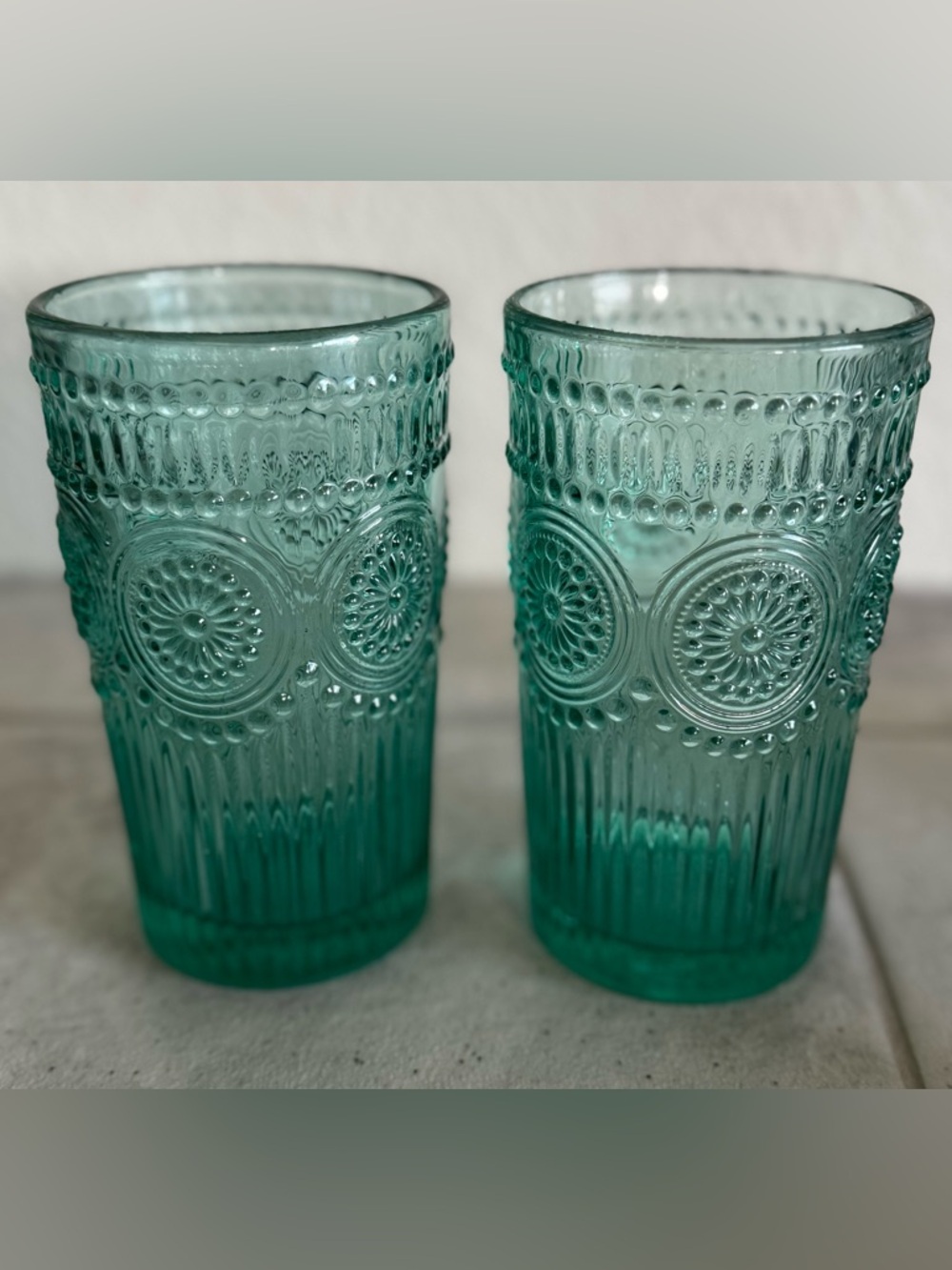 2 Pioneer Woman Adeline 16 oz Drinking Glass Pressed Teal Green Tumbler Highball